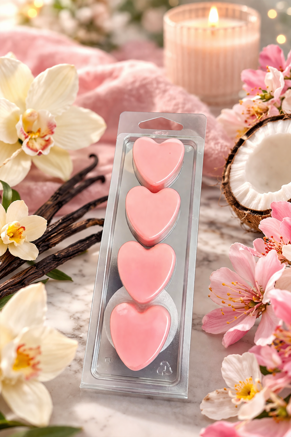 Pink Vanilla & Coco Blossom Wax Melts – Strong Scented 4 Heart Clamshell | Sweet Floral Home Fragrance UK